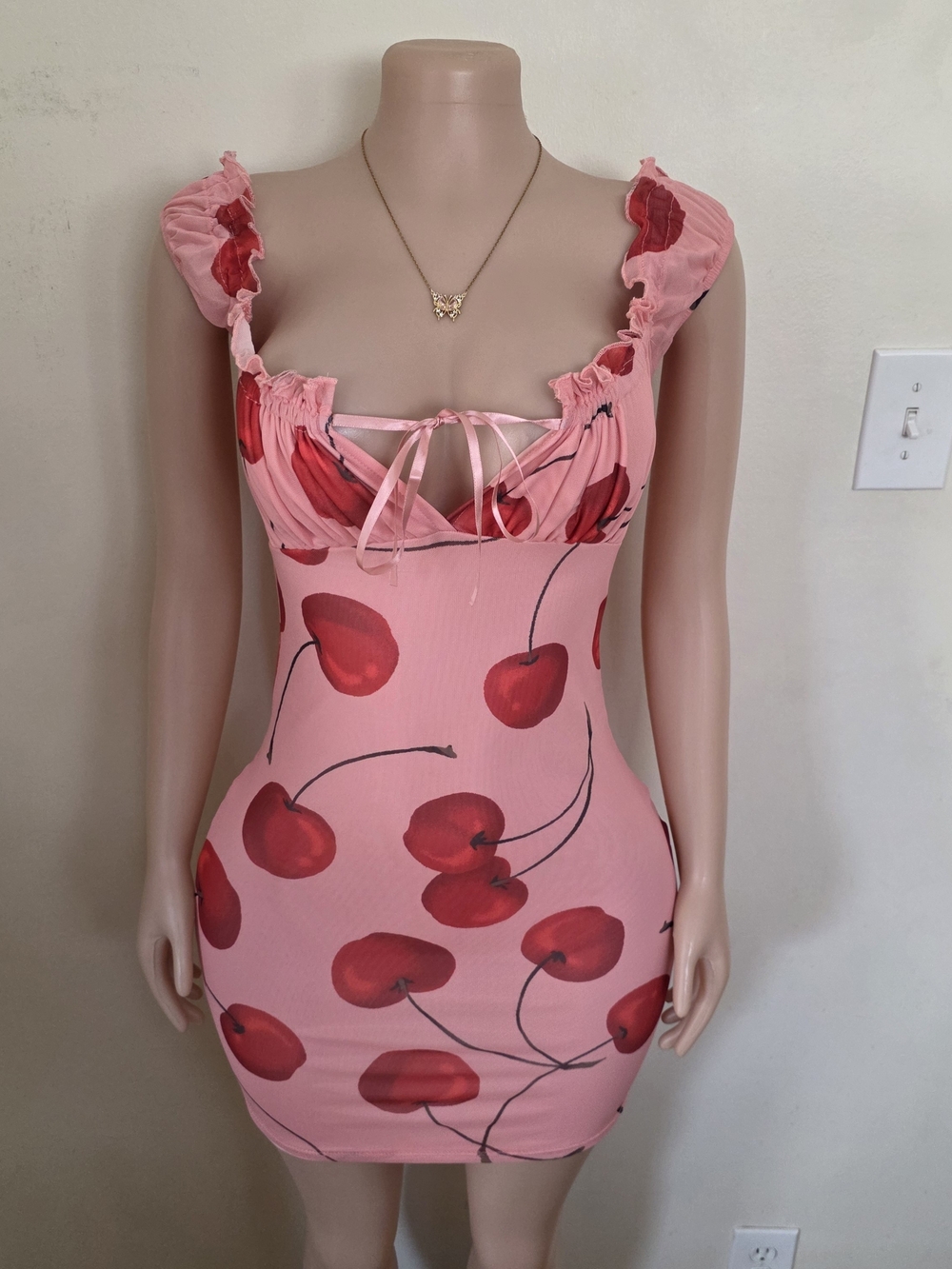 Fashion Nova Pink Cherry Print Ruffle Mini Dress